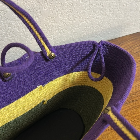 Unique Woven Rope Jute Bucket Floral Embroidered Purple and Green Handbag - Picture 7 of 16